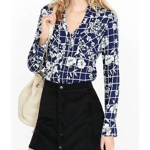 Express Portofino grid white floral print blouse